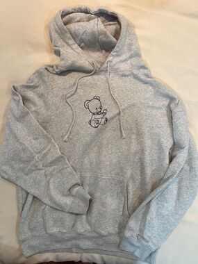 Brandy Melville Light Gray Hoodie with Teddy Bear Embroidery